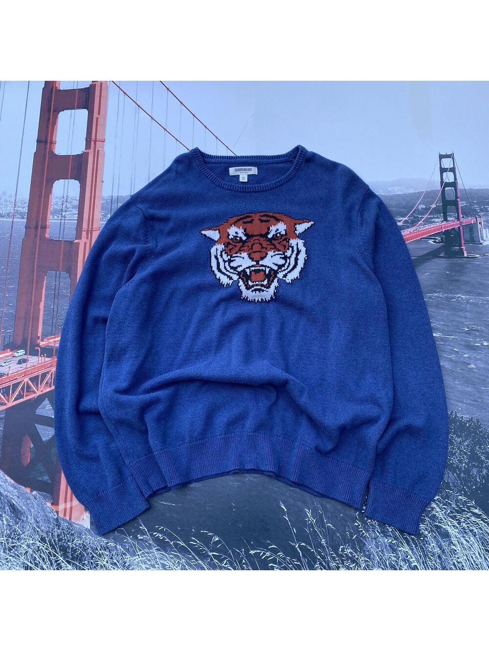 GOODTHREADS Sweater Mens XXL  Blue Knit Graphic Tiger Sweatshirt Crewneck PullOv